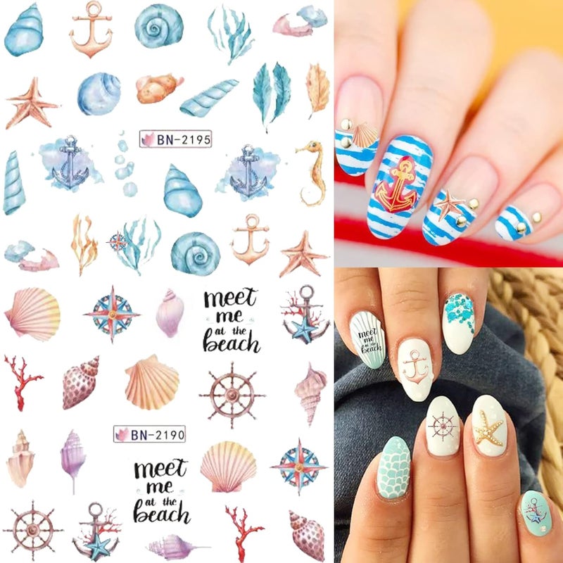 winthrop 36 Sheets Summer Nail Art Stickers, Ocean Anchor Water Transfer Nail Decals, Shark Seashell Sea Turtle Design DIY Manicure Decorations for Girls Women - Image 3